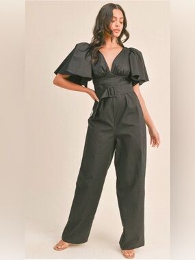 279. Lilly SHORT PUFF SLEEVE V-NECK BELTED WIDE LEG JUMPSUIT